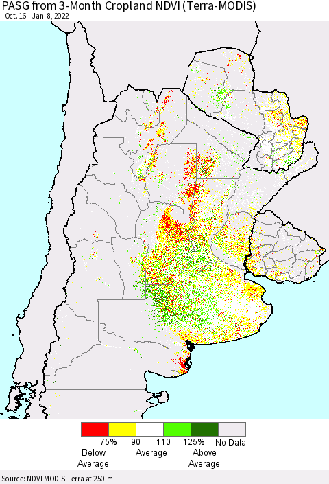Southern South America PASG from 3-Month Cropland NDVI (Terra-MODIS) Thematic Map For 1/1/2022 - 1/8/2022