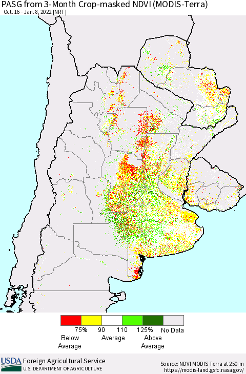 Southern South America PASG from 3-Month Cropland NDVI (Terra-MODIS) Thematic Map For 1/1/2022 - 1/10/2022