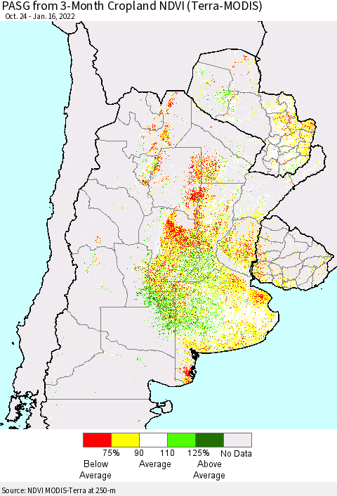 Southern South America PASG from 3-Month Cropland NDVI (Terra-MODIS) Thematic Map For 1/9/2022 - 1/16/2022