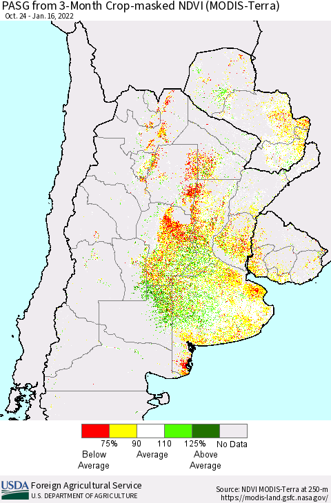 Southern South America PASG from 3-Month Cropland NDVI (Terra-MODIS) Thematic Map For 1/11/2022 - 1/20/2022