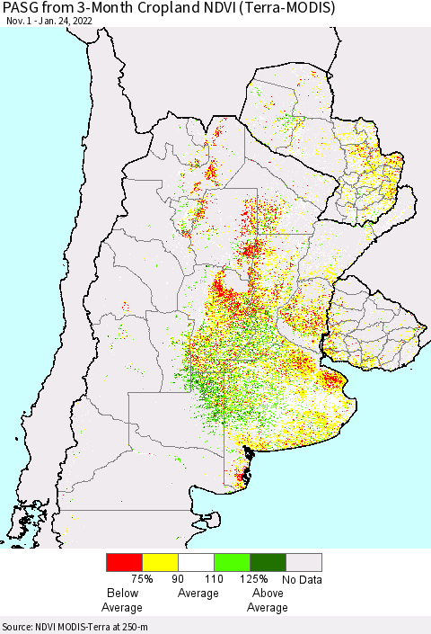 Southern South America PASG from 3-Month Cropland NDVI (Terra-MODIS) Thematic Map For 1/17/2022 - 1/24/2022