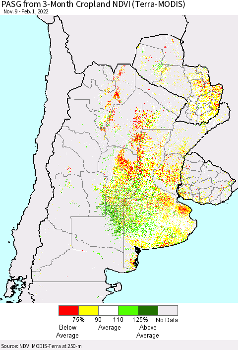 Southern South America PASG from 3-Month Cropland NDVI (Terra-MODIS) Thematic Map For 1/25/2022 - 2/1/2022