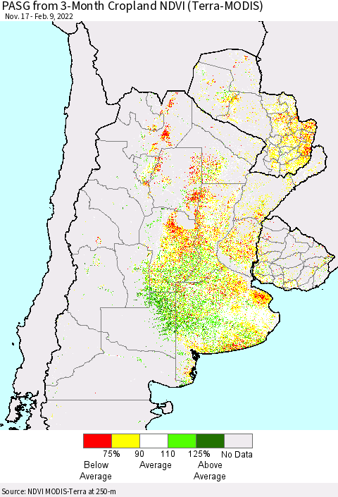 Southern South America PASG from 3-Month Cropland NDVI (Terra-MODIS) Thematic Map For 2/2/2022 - 2/9/2022