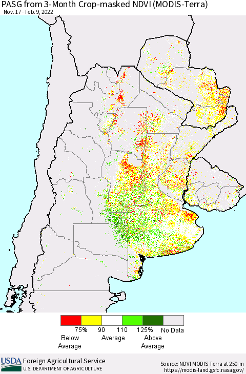 Southern South America PASG from 3-Month Cropland NDVI (Terra-MODIS) Thematic Map For 2/1/2022 - 2/10/2022