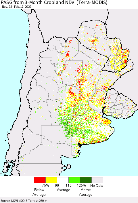 Southern South America PASG from 3-Month Cropland NDVI (Terra-MODIS) Thematic Map For 2/10/2022 - 2/17/2022