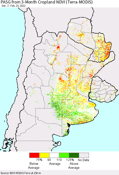 Southern South America PASG from 3-Month Cropland NDVI (Terra-MODIS) Thematic Map For 2/18/2022 - 2/25/2022