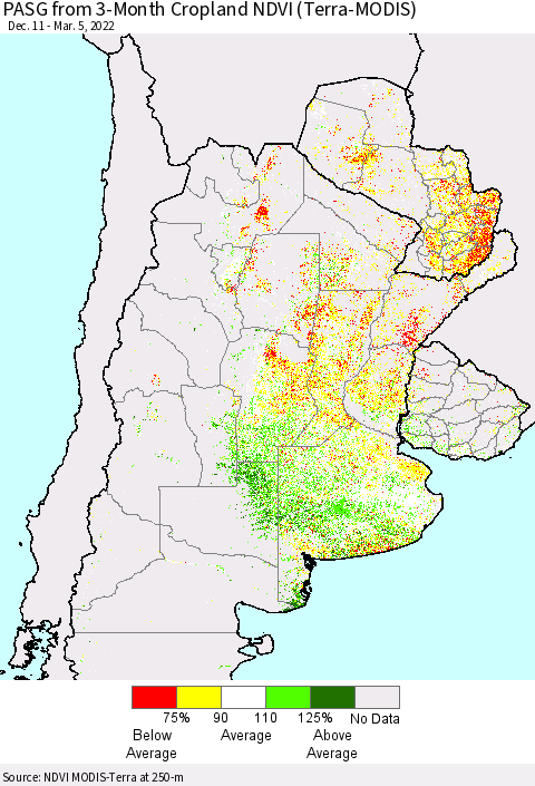 Southern South America PASG from 3-Month Cropland NDVI (Terra-MODIS) Thematic Map For 2/26/2022 - 3/5/2022