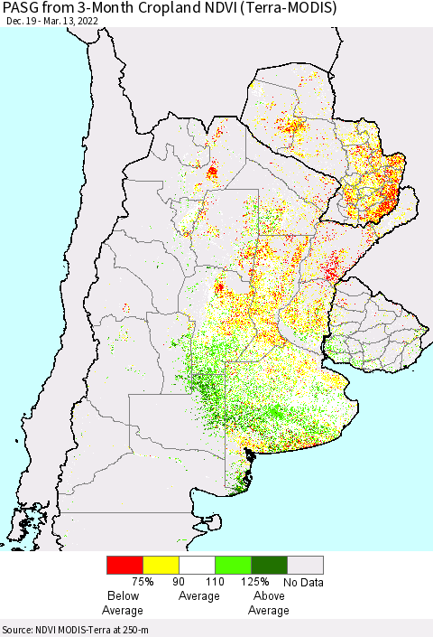 Southern South America PASG from 3-Month Cropland NDVI (Terra-MODIS) Thematic Map For 3/6/2022 - 3/13/2022