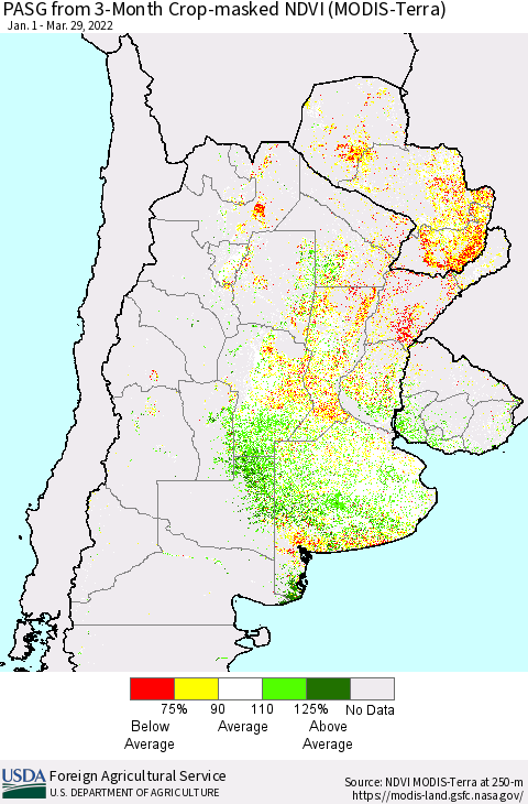 Southern South America PASG from 3-Month Cropland NDVI (Terra-MODIS) Thematic Map For 3/21/2022 - 3/31/2022