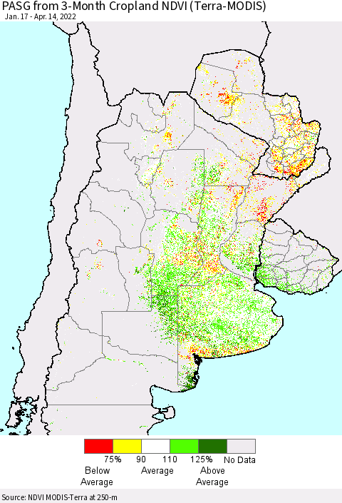 Southern South America PASG from 3-Month Cropland NDVI (Terra-MODIS) Thematic Map For 4/7/2022 - 4/14/2022