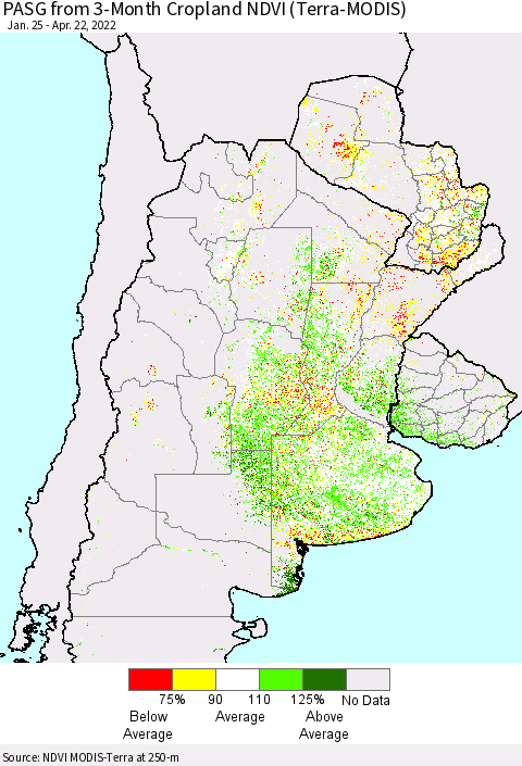 Southern South America PASG from 3-Month Cropland NDVI (Terra-MODIS) Thematic Map For 4/15/2022 - 4/22/2022