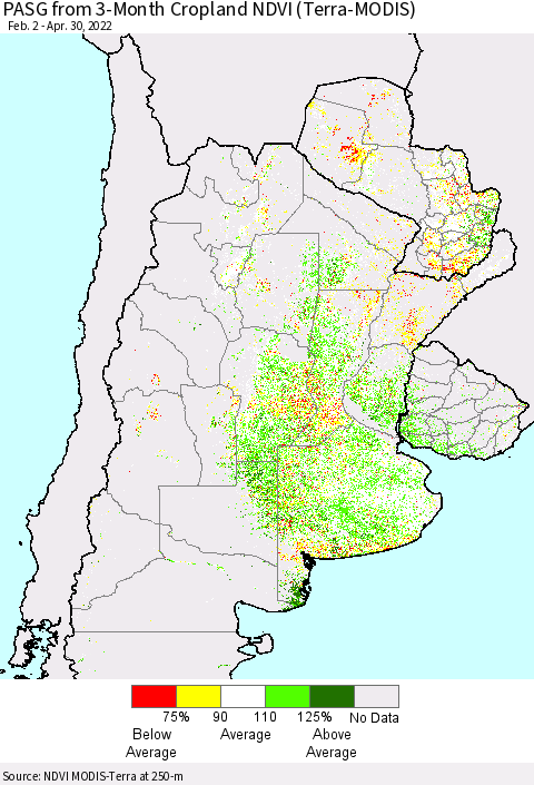 Southern South America PASG from 3-Month Cropland NDVI (Terra-MODIS) Thematic Map For 4/21/2022 - 4/30/2022