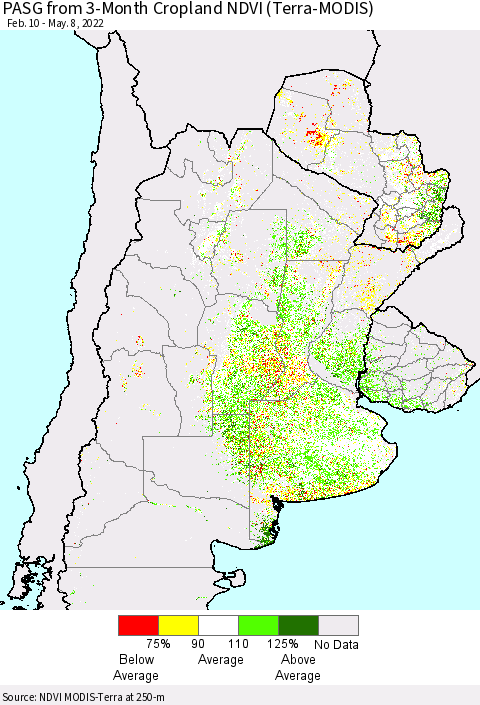 Southern South America PASG from 3-Month Cropland NDVI (Terra-MODIS) Thematic Map For 5/1/2022 - 5/8/2022
