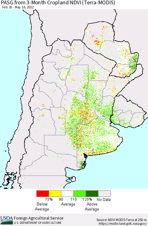 Southern South America PASG from 3-Month Cropland NDVI (Terra-MODIS) Thematic Map For 5/11/2022 - 5/20/2022