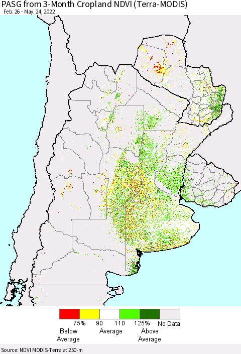 Southern South America PASG from 3-Month Cropland NDVI (Terra-MODIS) Thematic Map For 5/17/2022 - 5/24/2022