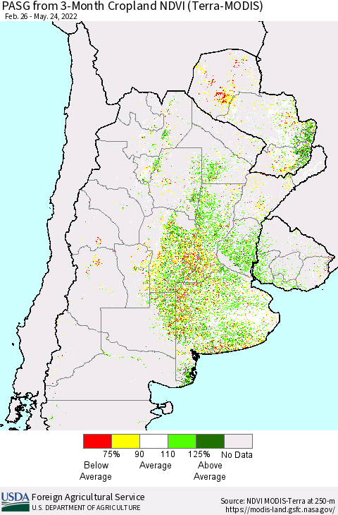 Southern South America PASG from 3-Month Cropland NDVI (Terra-MODIS) Thematic Map For 5/21/2022 - 5/31/2022