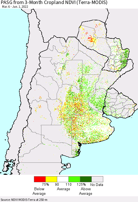 Southern South America PASG from 3-Month Cropland NDVI (Terra-MODIS) Thematic Map For 5/25/2022 - 6/1/2022
