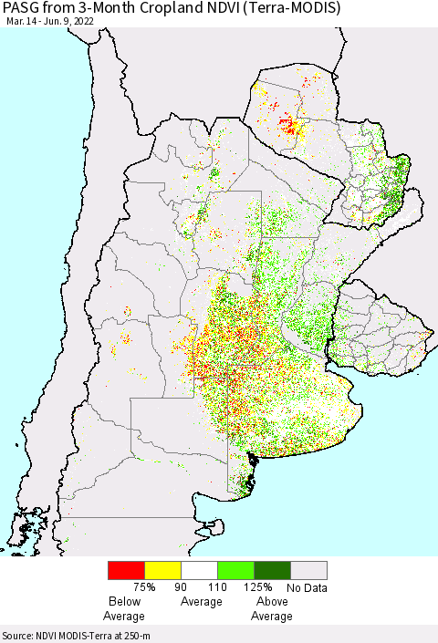 Southern South America PASG from 3-Month Cropland NDVI (Terra-MODIS) Thematic Map For 6/2/2022 - 6/9/2022