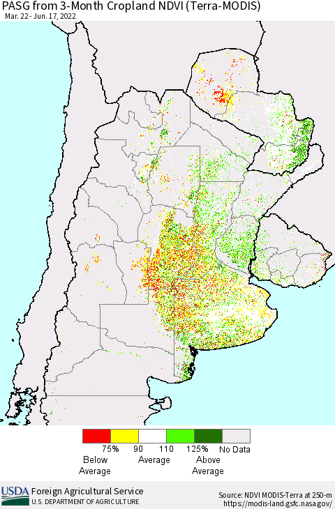 Southern South America PASG from 3-Month Cropland NDVI (Terra-MODIS) Thematic Map For 6/11/2022 - 6/20/2022