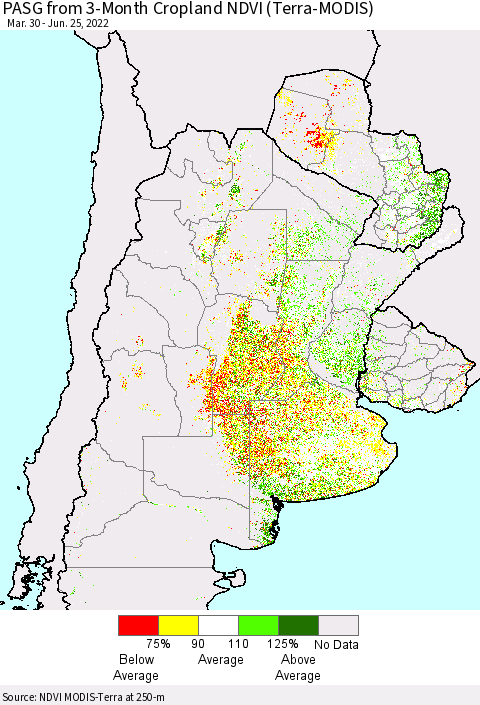 Southern South America PASG from 3-Month Cropland NDVI (Terra-MODIS) Thematic Map For 6/18/2022 - 6/25/2022
