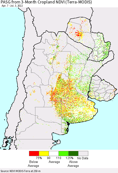 Southern South America PASG from 3-Month Cropland NDVI (Terra-MODIS) Thematic Map For 6/26/2022 - 7/3/2022