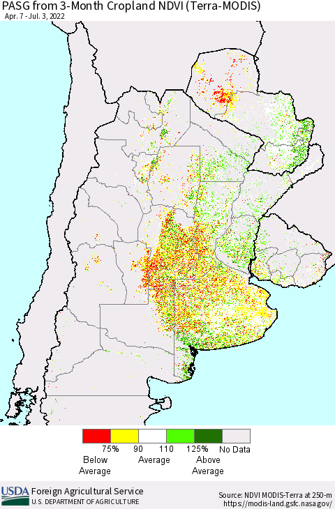 Southern South America PASG from 3-Month Cropland NDVI (Terra-MODIS) Thematic Map For 7/1/2022 - 7/10/2022