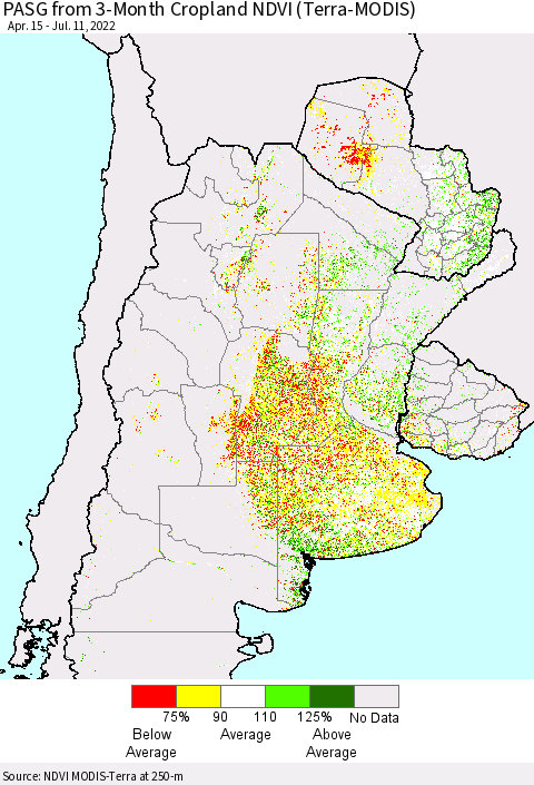 Southern South America PASG from 3-Month Cropland NDVI (Terra-MODIS) Thematic Map For 7/4/2022 - 7/11/2022