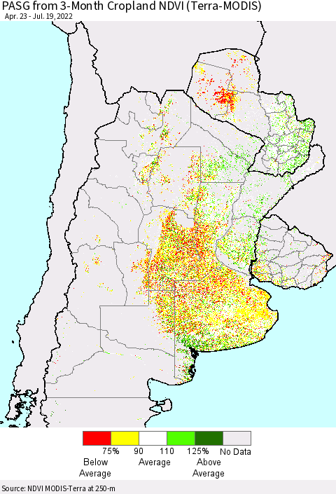 Southern South America PASG from 3-Month Cropland NDVI (Terra-MODIS) Thematic Map For 7/12/2022 - 7/19/2022