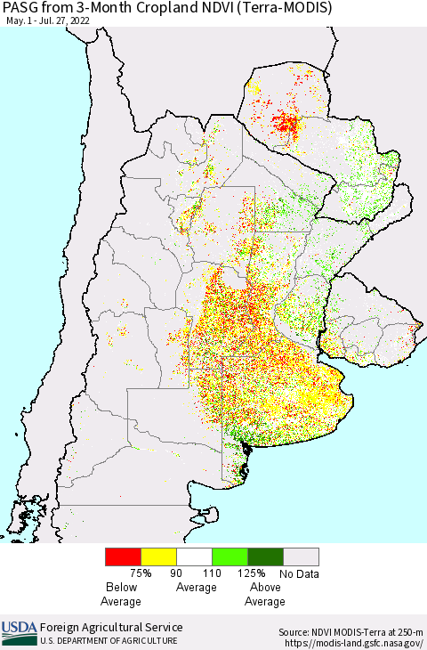 Southern South America PASG from 3-Month Cropland NDVI (Terra-MODIS) Thematic Map For 7/21/2022 - 7/31/2022