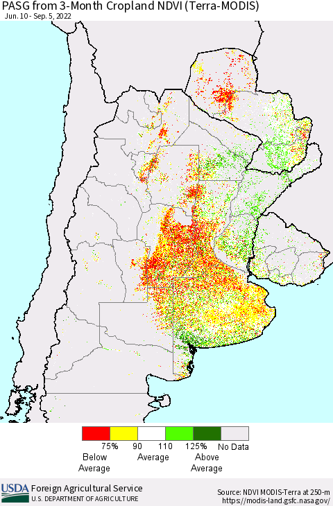 Southern South America PASG from 3-Month Cropland NDVI (Terra-MODIS) Thematic Map For 9/1/2022 - 9/10/2022