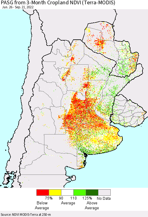 Southern South America PASG from 3-Month Cropland NDVI (Terra-MODIS) Thematic Map For 9/14/2022 - 9/21/2022