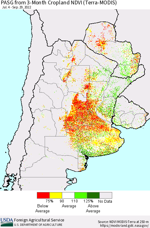 Southern South America PASG from 3-Month Cropland NDVI (Terra-MODIS) Thematic Map For 9/21/2022 - 9/30/2022