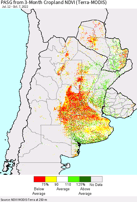 Southern South America PASG from 3-Month Cropland NDVI (Terra-MODIS) Thematic Map For 9/30/2022 - 10/7/2022