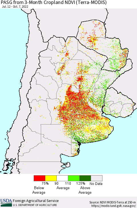 Southern South America PASG from 3-Month Cropland NDVI (Terra-MODIS) Thematic Map For 10/1/2022 - 10/10/2022