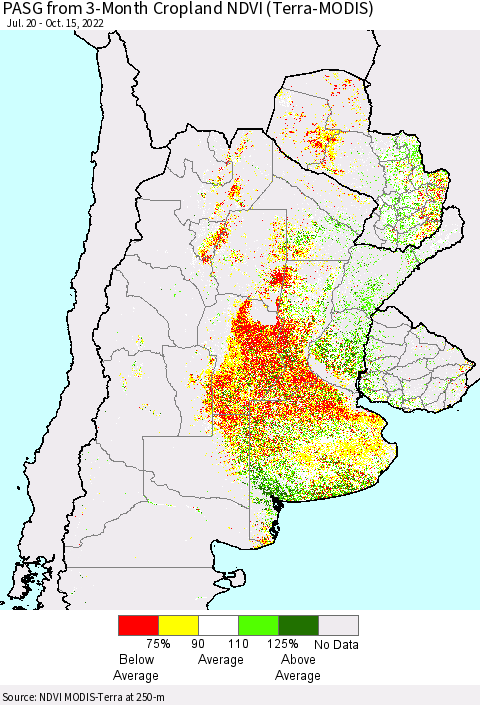 Southern South America PASG from 3-Month Cropland NDVI (Terra-MODIS) Thematic Map For 10/8/2022 - 10/15/2022