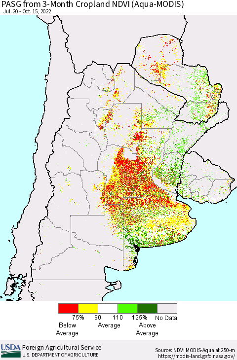 Southern South America PASG from 3-Month Cropland NDVI (Terra-MODIS) Thematic Map For 10/11/2022 - 10/20/2022