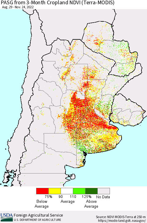 Southern South America PASG from 3-Month Cropland NDVI (Terra-MODIS) Thematic Map For 11/21/2022 - 11/30/2022