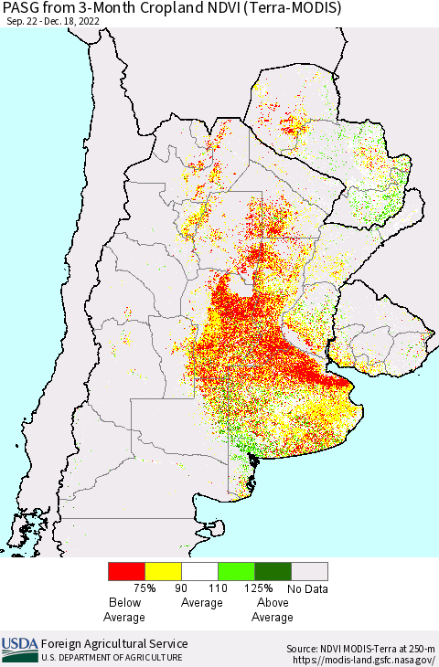 Southern South America PASG from 3-Month Cropland NDVI (Terra-MODIS) Thematic Map For 12/11/2022 - 12/20/2022