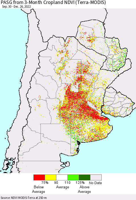 Southern South America PASG from 3-Month Cropland NDVI (Terra-MODIS) Thematic Map For 12/19/2022 - 12/26/2022