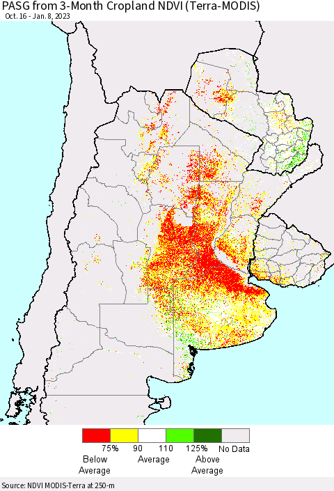 Southern South America PASG from 3-Month Cropland NDVI (Terra-MODIS) Thematic Map For 1/1/2023 - 1/8/2023