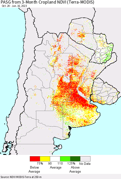 Southern South America PASG from 3-Month Cropland NDVI (Terra-MODIS) Thematic Map For 1/9/2023 - 1/16/2023