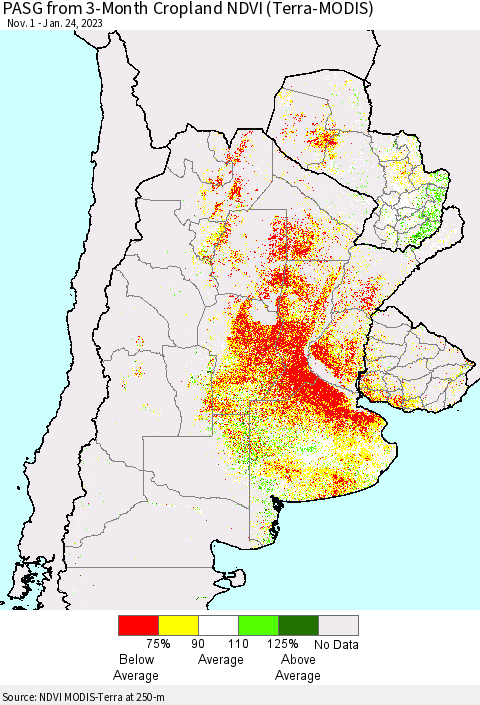 Southern South America PASG from 3-Month Cropland NDVI (Terra-MODIS) Thematic Map For 1/17/2023 - 1/24/2023