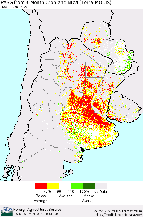 Southern South America PASG from 3-Month Cropland NDVI (Terra-MODIS) Thematic Map For 1/21/2023 - 1/31/2023