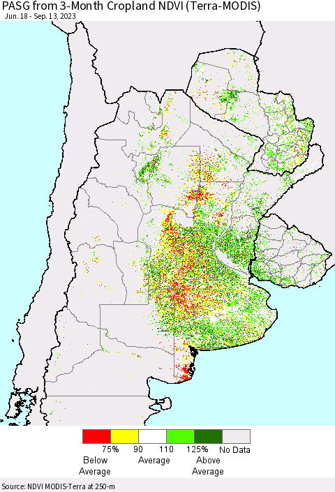 Southern South America PASG from 3-Month Cropland NDVI (Terra-MODIS) Thematic Map For 9/6/2023 - 9/13/2023
