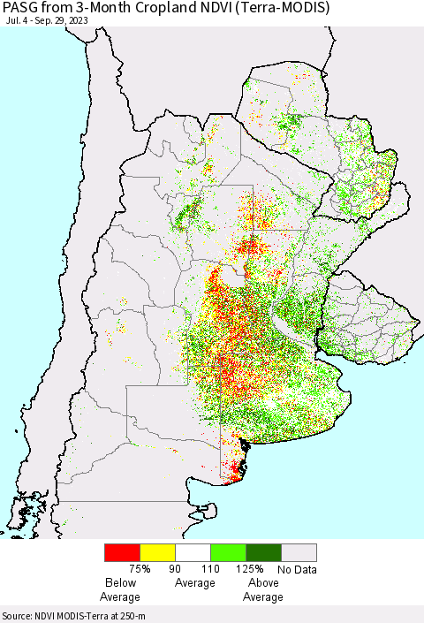 Southern South America PASG from 3-Month Cropland NDVI (Terra-MODIS) Thematic Map For 9/22/2023 - 9/29/2023