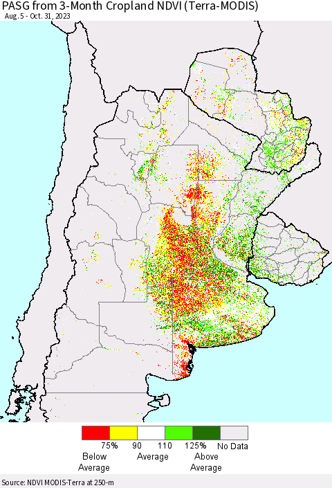 Southern South America PASG from 3-Month Cropland NDVI (Terra-MODIS) Thematic Map For 10/24/2023 - 10/31/2023