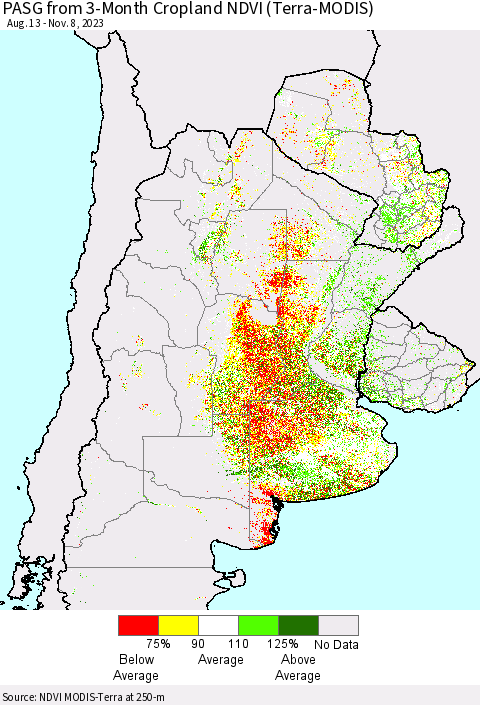 Southern South America PASG from 3-Month Cropland NDVI (Terra-MODIS) Thematic Map For 11/1/2023 - 11/8/2023