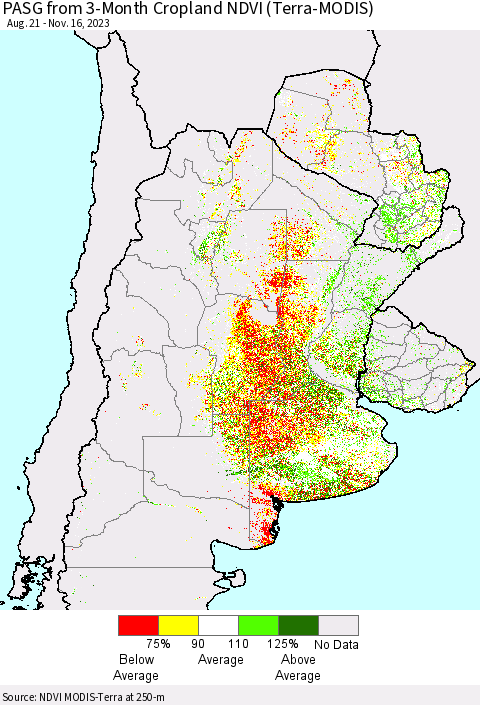 Southern South America PASG from 3-Month Cropland NDVI (Terra-MODIS) Thematic Map For 11/9/2023 - 11/16/2023