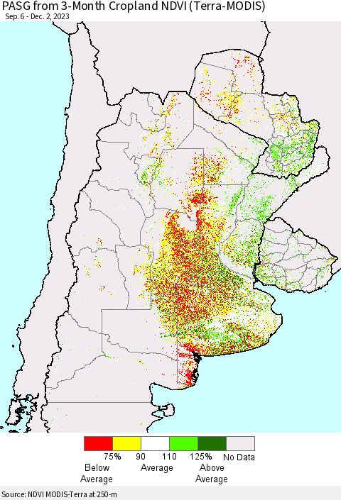 Southern South America PASG from 3-Month Cropland NDVI (Terra-MODIS) Thematic Map For 11/25/2023 - 12/2/2023