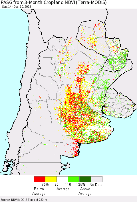 Southern South America PASG from 3-Month Cropland NDVI (Terra-MODIS) Thematic Map For 12/3/2023 - 12/10/2023